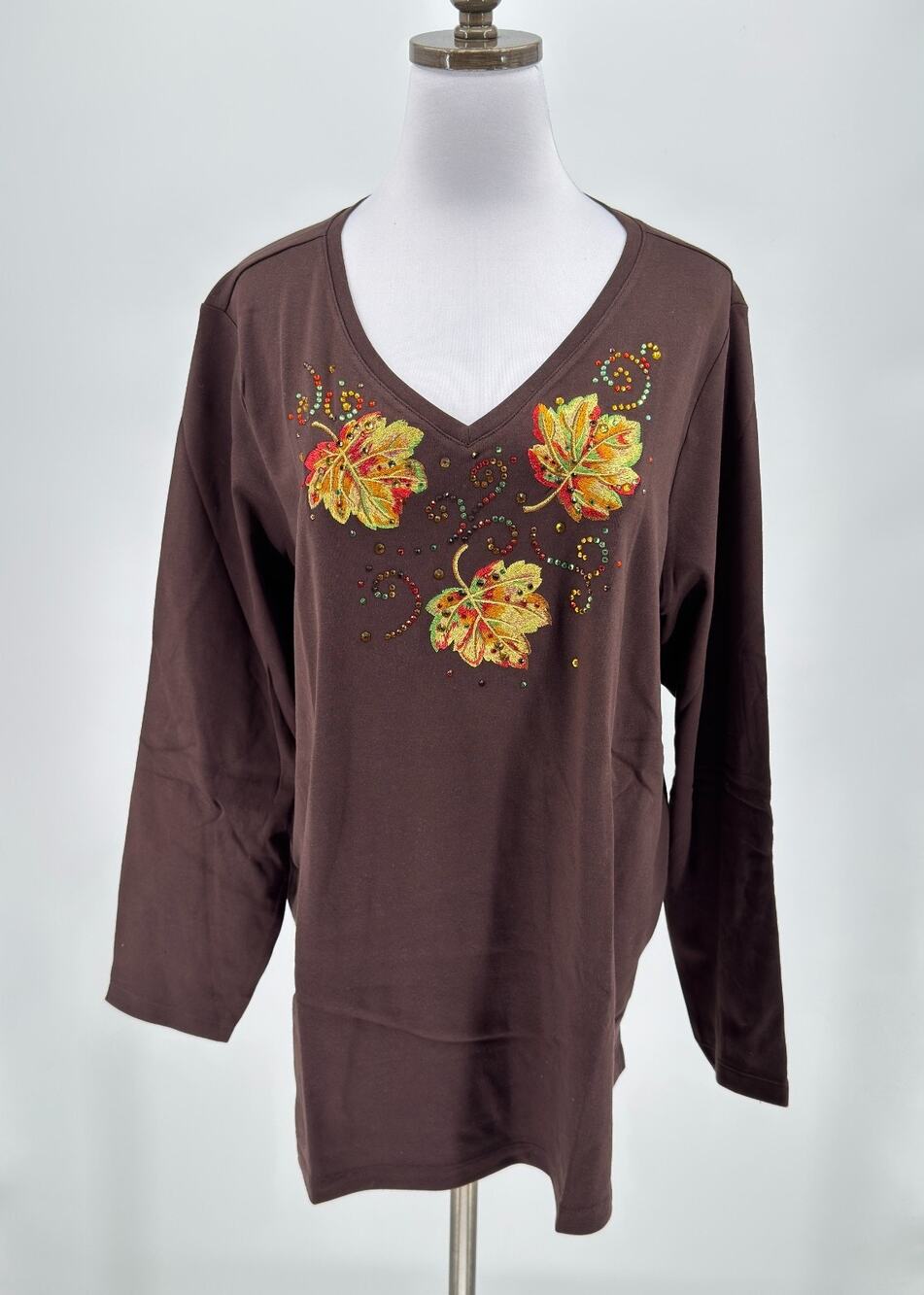 Quacker Factory Fall Bling Thing Brown Embroidered Leaves V Neck Top Sz 2X NEW